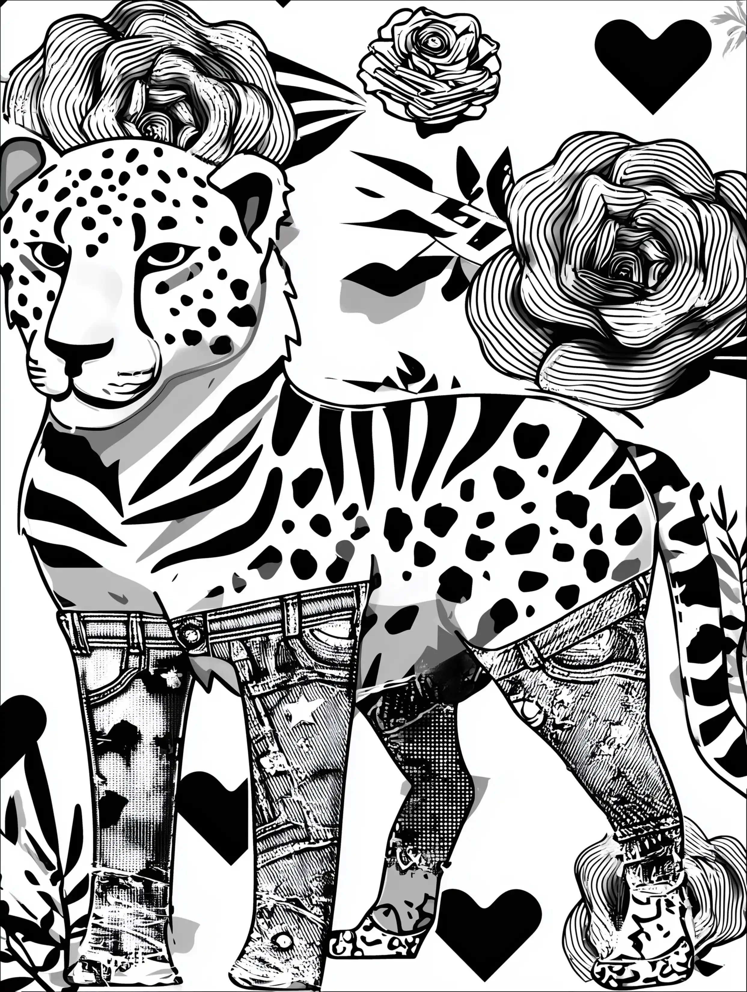 Free cheetah printable coloring page featuring a cheetah wearing two pairs of pants